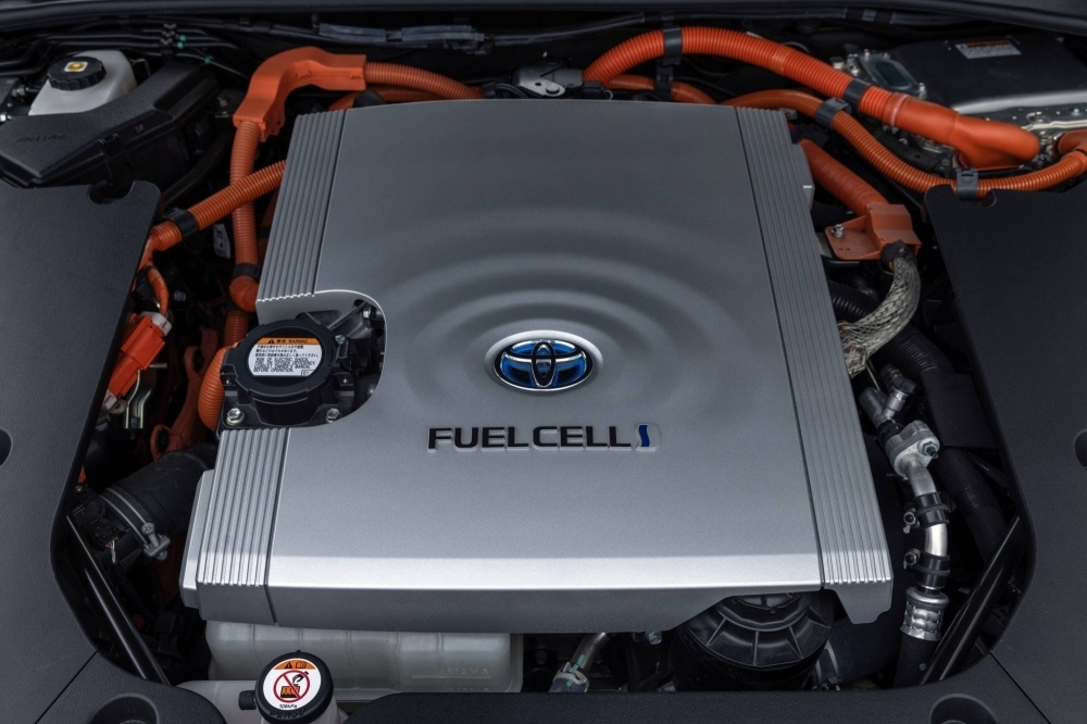 The engine of a Toyota Mirai hydrogen fuel cell vehicle. Fuel cells work by converting compressed hydrogen gas in an onboard tank into electricity that powers the vehicle’s motor. 