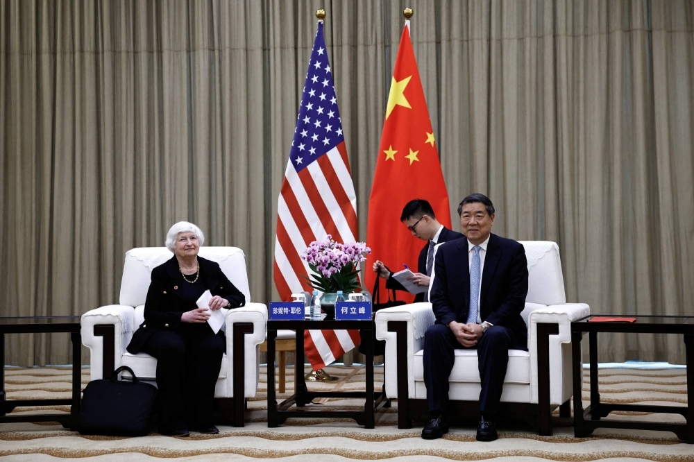 U.S. Treasury Secretary Janet Yellen meets China's Vice Premier He Lifeng at the Guangdong Zhudao Guest House, in Guangzhou, Guangdong province, China, on Saturday.