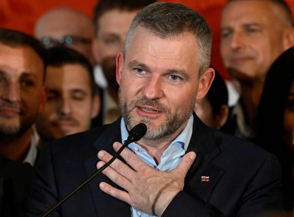 Slovakian presidential candidate Peter Pellegrini speaks at his headquarters on the day the results of the country's presidential election are announced, in Bratislava, Slovakia, on Sunday.