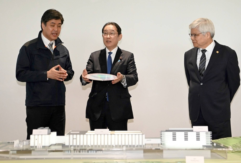 Prime Minister Fumio Kishida during his visit to TSMC's new plant in Kikuyo, Kumamoto Prefecture, on Saturday