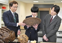 Prince Hisahito (center) holds a hornet's nest in the insect science laboratory of Tamagawa University in the Tokyo city of Machida on Saturday, as Crown Price Akishino (right) observes. | Pool / via Jiji