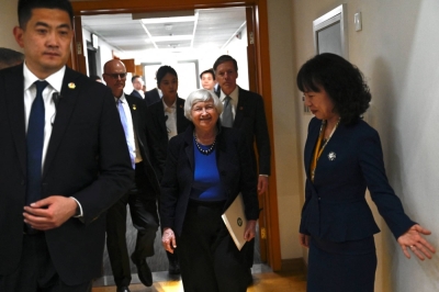 U.S. Treasury Secretary Janet Yellen arrives to attend a meeting with university students at Beijing University National School on <i>Sunday</i>.