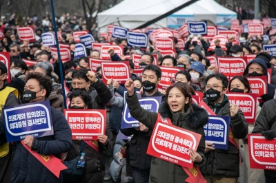 Demonstrators protest against a government plan to increase the number of seats at medical schools in Seoul in March.