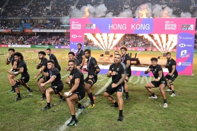 New Zealand's men's team players do the haka after winning the Cup Final match at the 2024 Rugby Sevens Hong Kong tournament on Sunday.