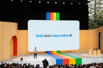 James Manyika, who heads Google’s technology and society team, delivers the keynote address at Google I/O in Mountain View, California, in 2023. OpenAI, Google and Meta ignored corporate policies, altered their own rules and discussed skirting copyright law as they sought online information to train their newest artificial intelligence systems.