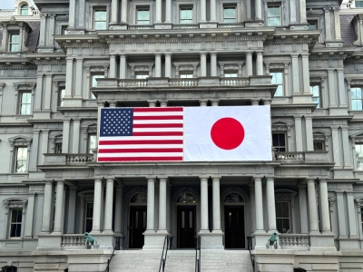 The American and Japanese flags are posted on the Eisenhower Executive Office Building next to the White House in Washington in preparation for Prime Minister Fumio Kishida's state visit to the United States this week.