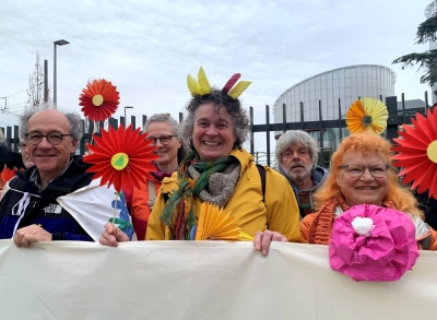 Supporters of the Senior Women for Climate Protection association outside the European Court of Human Rights in Strasbourg, France, on March 29, 2023