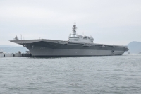 The Maritime Self-Defense Force's Kaga vessel was unveiled Monday in the city of Kure, in Hiroshima Prefecture, after completing the first stage of work to turn it into a flattop for F-35B stealth fighter jets. | Jiji