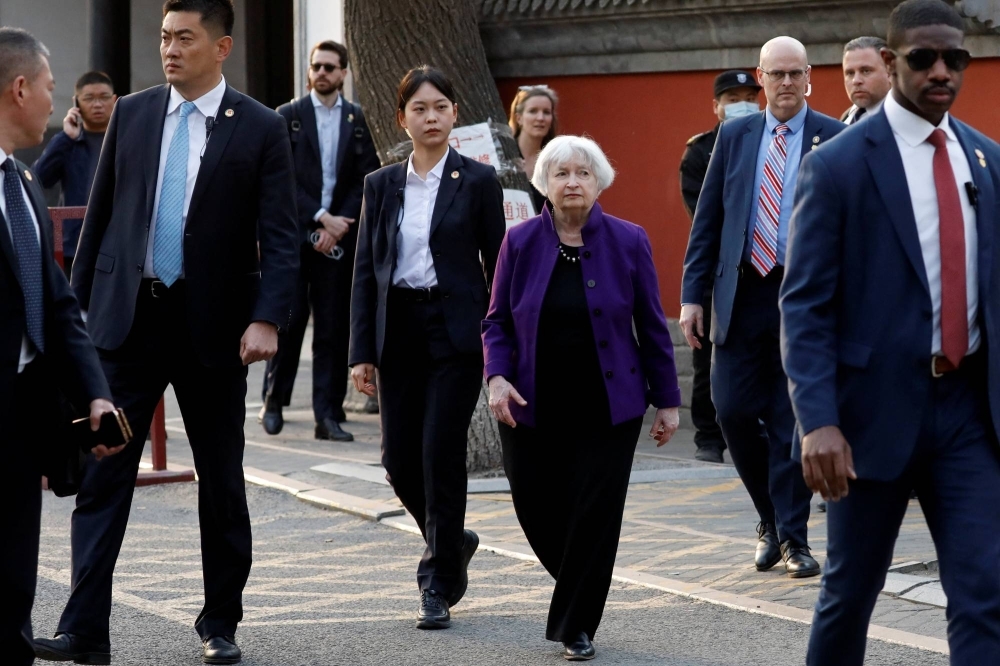 U.S. Treasury Secretary Janet Yellen visits the Guozijian Hutong Alley in Beijing on Monday.