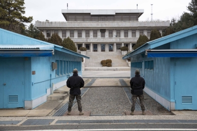 South Korean soldiers stand guard in the truce village of Panmunjom inside the demilitarized zone separating South and North Korea.