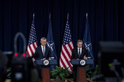 NATO’s Jens Stoltenberg (left) and the U.S. Secretary of State Antony Blinken during a news conference in Washington on Jan. 29