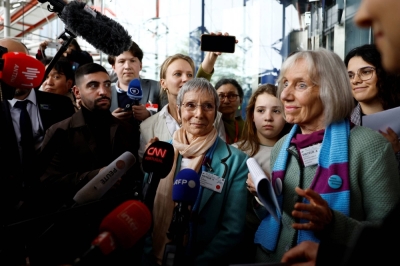 Anne Mahrer and Rosmarie Wyder-Walti talk to journalists after the verdict of the court in the climate case at the European Court of Human Rights in Strasbourg, France, on Tuesday.