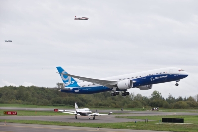 A Boeing 787 Dreamliner lifts off at Paine Field in Everett, Washington.
