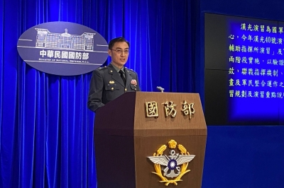 Tung Chih-hsing, joint combat planning department chief of Taiwan's Defense Ministry, attends a press briefing on the annual Han Kuang military drills, in Taipei, on Tuesday.