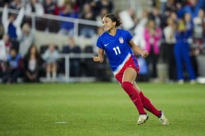 U.S. forward Sophia Smith celebrates a goal during penalty kicks against Canada in the final of the SheBelieves Cup in Columbus, Ohio, on Tuesday. 