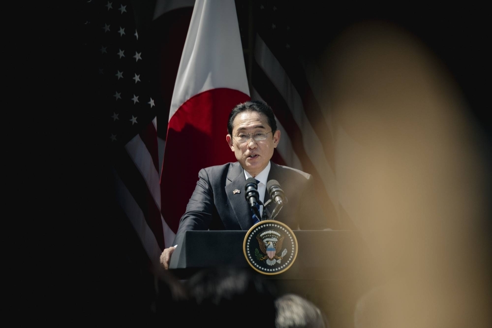 Prime Minister Fumio Kishida speaks during a joint news conference with U.S. President Joe Biden in the Rose Garden of the White House in Washington on Wednesday. 