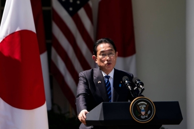 Prime Minister Fumio Kishida addresses a news conference during his state visit with U.S. President Joe Biden in Washington on Wednesday.