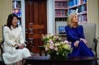 Yuko Kishida, wife of Prime Minister Fumio Kishida, and U.S. first lady Jill Biden listen to students read poetry during an event with local high school students at a White House library in Washington on Wednesday. | AFP-Jiji