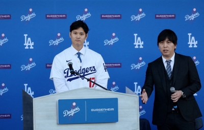 Shohei Ohtani with then-interpreter Ippei Mizuhara during a news conference in Los Angeles in December