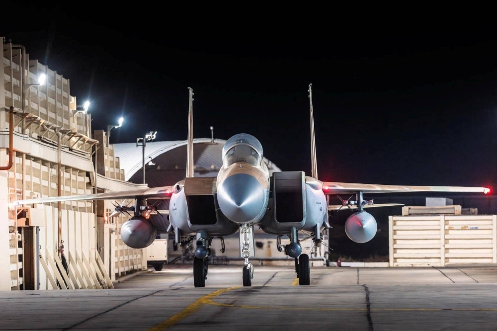 Israeli Air Force F-15 Eagle is pictured at an air base, said to be following an interception mission of an Iranian drone and missile attack on Israel, in this handout image released Sunday.