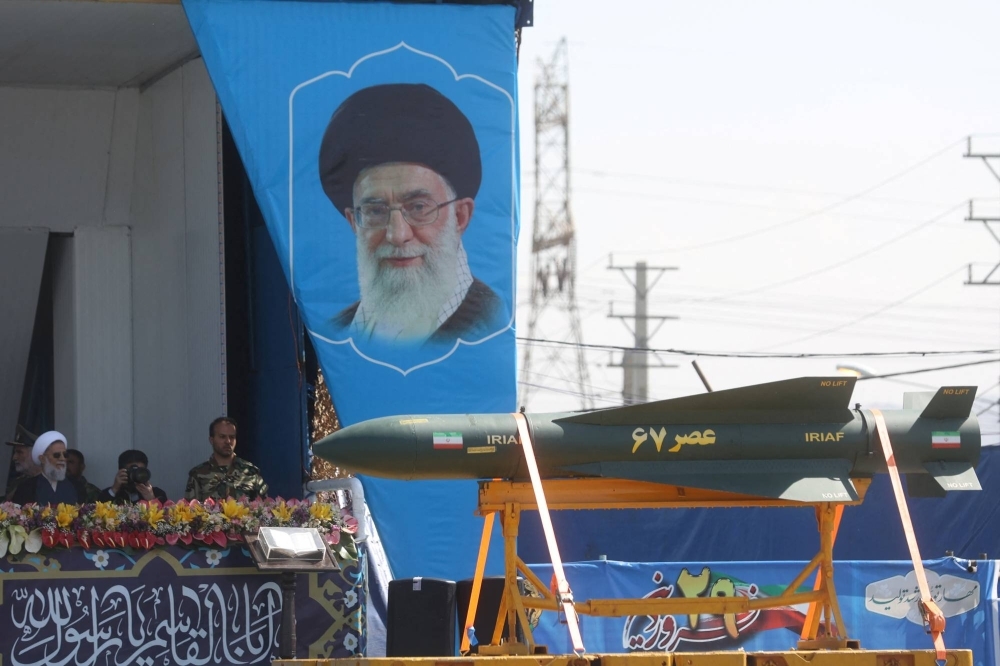 Missiles are showcased in a parade marking Iran's National Army Day in Tehran on April 18, 2023.
