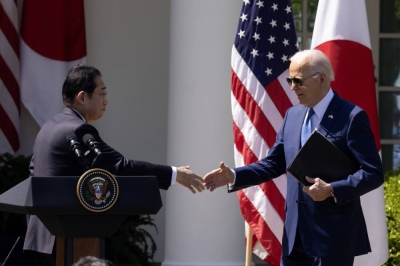 Prime Minister Fumio Kishida and U.S. President Joe Biden during a joint news conference at the White House on Wednesday
