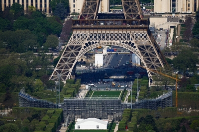 The Eiffel Tower Stadium, under construction for the Paris 2024 Olympic and Paralympic Games, in Paris on April 13