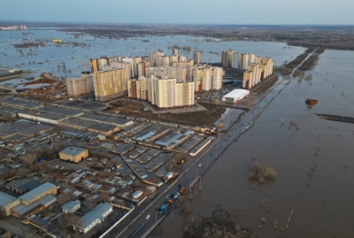 A drone view shows a flooded area around the Dubki residential complex in Orenburg, Russia, on Friday.