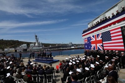 U.S. President Joe Biden, Australian Prime Minister Anthony Albanese and British leader Rishi Sunak deliver remarks on the AUKUS partnership, after a trilateral meeting, at Naval Base Point Loma in San Diego in March last year.