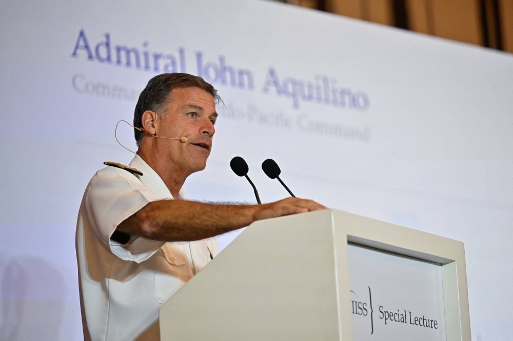 U.S. Indo-Pacific Command chief Adm. John Aquilino speaks at the IISS Special Lecture in Singapore in March last year. 