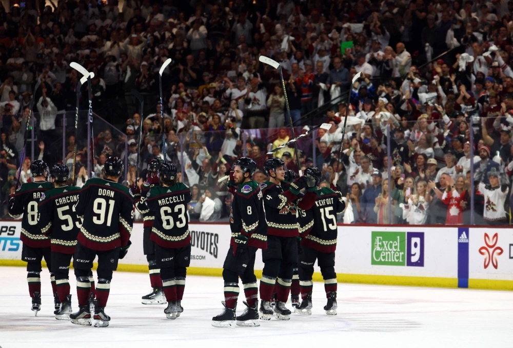 Coyotes players salute the fans following their final game home game in Tempe, Arizona, on Wednesday.