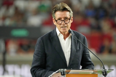 Sebastian Coe delivers a speech during the 2023 World Athletics Championships in Budapest on Aug. 27, 2023.