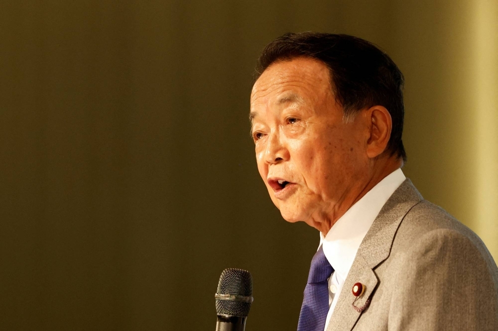 Former Prime Minister Taro Aso speaks during a forum in Taiwan in 2023. 