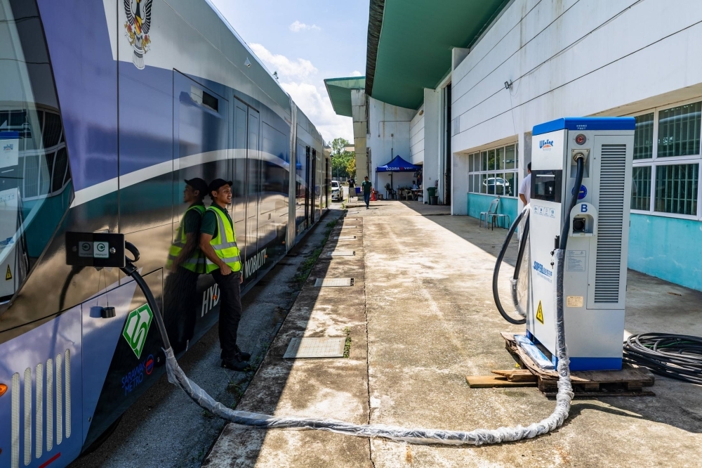 An electric charging station for hydrogen tram. A planned autonomous, hydrogen-fuel tram line costing 5.59 billion ringgit ($1.17 billion) is slated to start operations as early as next year.  An electric charging station for hydrogen tram. A planned autonomous, hydrogen-fuel tram line costing 5.59 billion ringgit ($1.17 billion) is slated to start operations as early as next year.