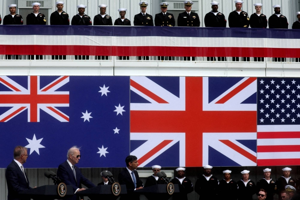Australian Prime Minister Anthony Albanese, U.S. President Joe Biden and British Prime Minister Rishi Sunak deliver remarks on the AUKUS partnership, after a trilateral meeting, at Naval Base Point Loma in San Diego, in March last year.