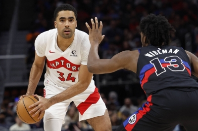 Raptors center Jontay Porter during a game against the Pistons in March. Porter wagered money on his own team to lose, pretended to be hurt for betting purposes and shared confidential information with gamblers, leading to a lifetime ban from the NBA. 