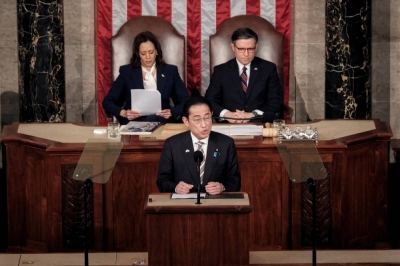 Prime Minister Fumio Kishida addresses a joint session of the U.S. Congress in Washington on April 11.