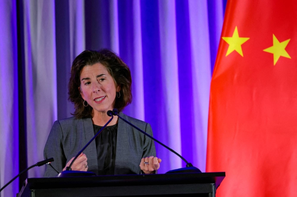 U.S. Secretary of Commerce Gina Raimondo speaks at an event held by the National Committee on U.S.-China Relations and the U.S.-China Business Council on the sidelines of the Asia-Pacific Economic Cooperation summit in San Francisco in November.