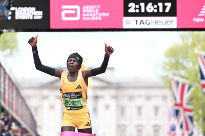  Peres Jepchirchir crosses the line to win the women's race at the London Marathon on Sunday.