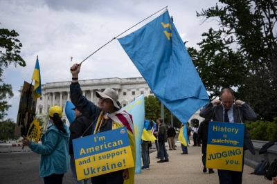 A rally in support of Ukraine outside the U.S. Capitol in Washington on Saturday, the same day the House of Representatives approved a $61 billion aid package supporting Kyiv's war effort.