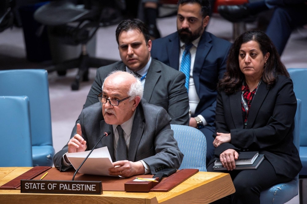 Palestinian Ambassador to the U.N. Riyad Mansour speaks at the U.N. Security Council on Thursday after a resolution calling for the recognition of Palestinian statehood failed when it was vetoed by the U.S.