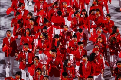 Chinese athletes take part in the opening ceremony for the Tokyo Games in July 2021.
