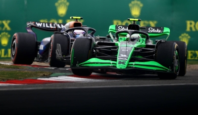 Sauber's Zhou Guanyu (front) and Williams' Logan Sargeant race at the Chinese Grand Prix on Sunday. The pair are among several drivers who have yet to score a point through five races of the 2024 Formula One season. 