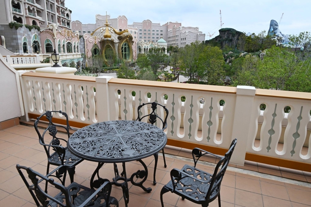 A terrace of one of the rooms of the Grand Chateau hotel building located in Tokyo DisneySea's new "Fantasy Springs" area in Urayasu, Chiba Prefecture