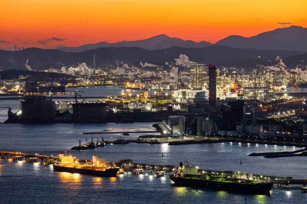 Tankers moored at port near an industrial complex in Ulsan, South Korea