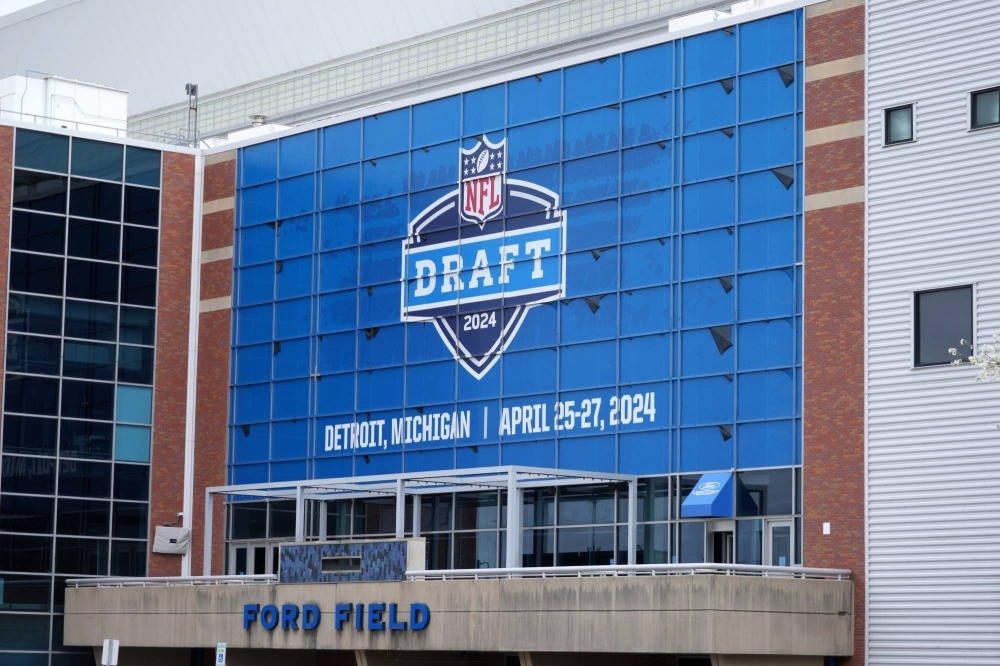 The NFL draft logo is seen on the Ford Field facade in Detroit on Wednesday.