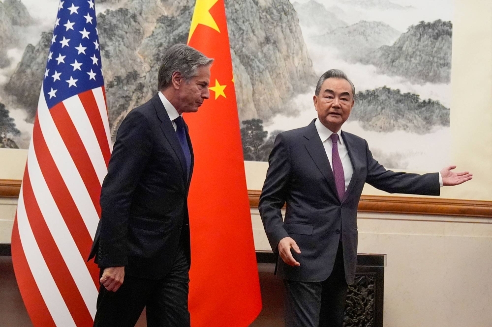 U.S. Secretary of State Antony Blinken and China's Foreign Minister Wang Yi at the Diaoyutai State Guesthouse in Beijing on Friday