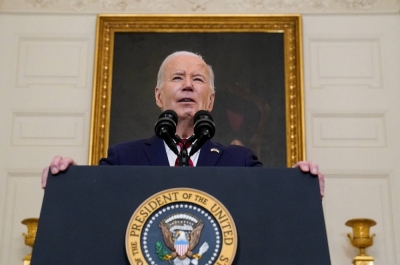U.S. President Joe Biden gives a speech after signing into law a bill providing billions of dollars of new military aid to Ukraine at the White House on Wednesday.