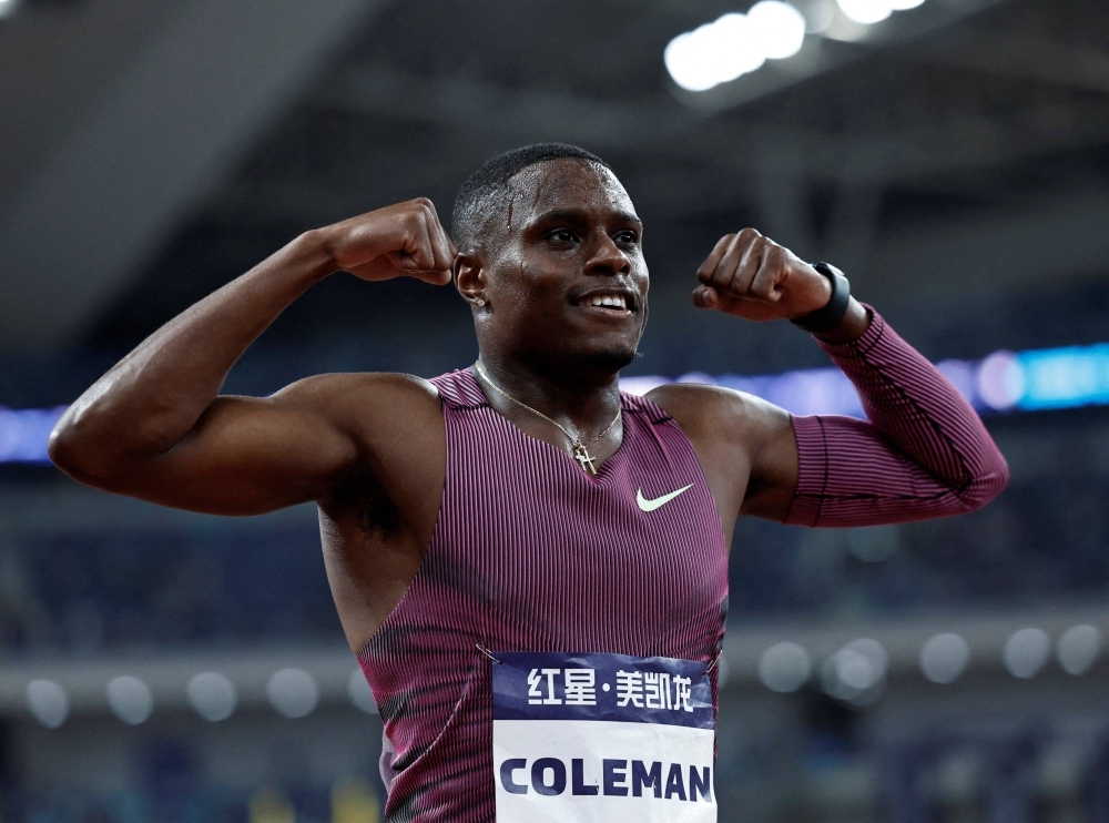 American Christian Coleman celebrates after winning the men's 100 meter final at a Diamond League event in Xiamen, China, on April 20. 