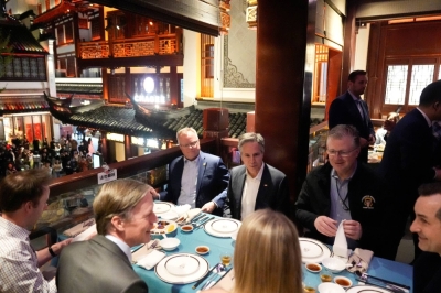 U.S. Secretary of State Antony Blinken dines at the Nanxiang Steamed Bun Restaurant at the Yu Gardens in Shanghai on Wednesday. 